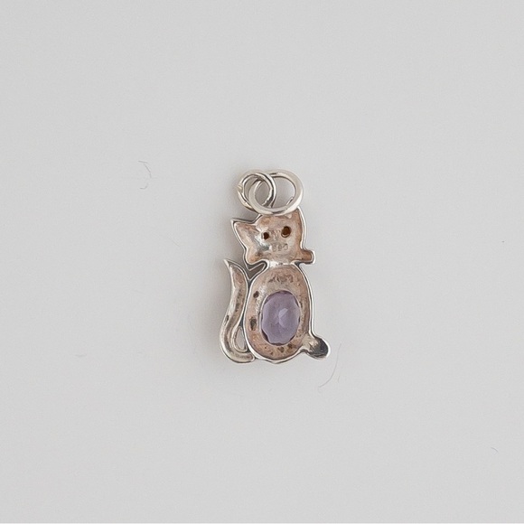 Vintage Sterling Silver Garnet Amethyst Marcasite Pendant Kitty Cat Feline - Picture 7 of 10